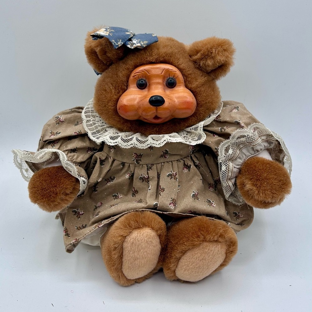 Vintage TL Toys Brown Teddy Bear with Wooden Face Floral Dress 11"